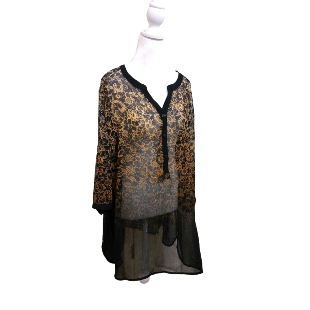 Catherine's gold black ombre paisley button popover V-neck sheer 3/4 sleeve 2X